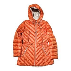 French Connection New Jaffra Orange Hooded Chevron Quilted Packable Anorak S